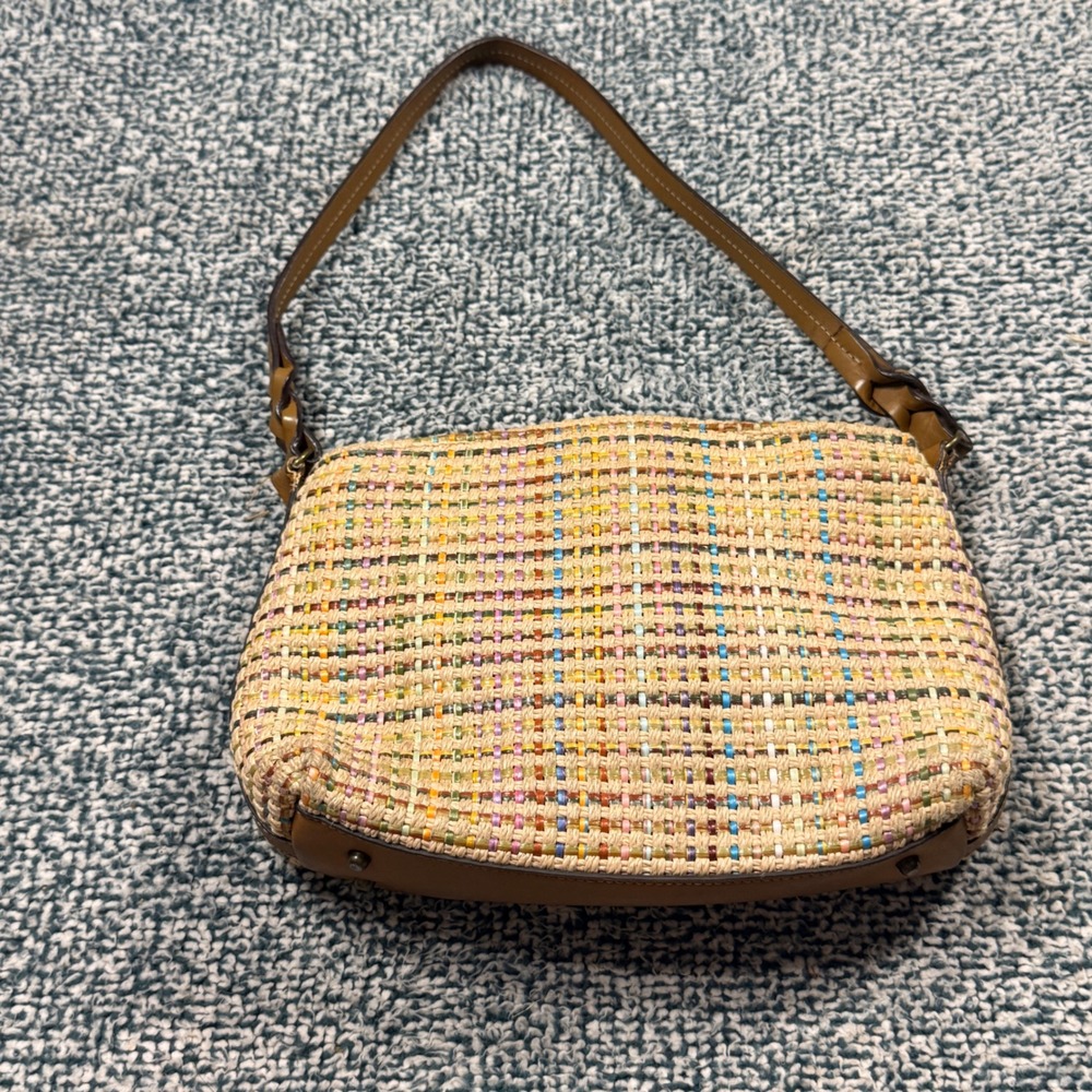 Fossil Multi-Color Woven Straw Leather Trim Shoulder Bag Tan Plaid Handbag